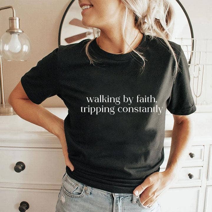 Walking By Faith Tripping Constantly Christian Bible T-Shirt: Black