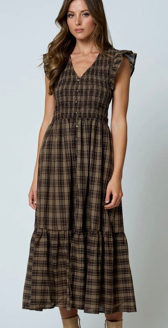Mocha Plaid Midi Dress