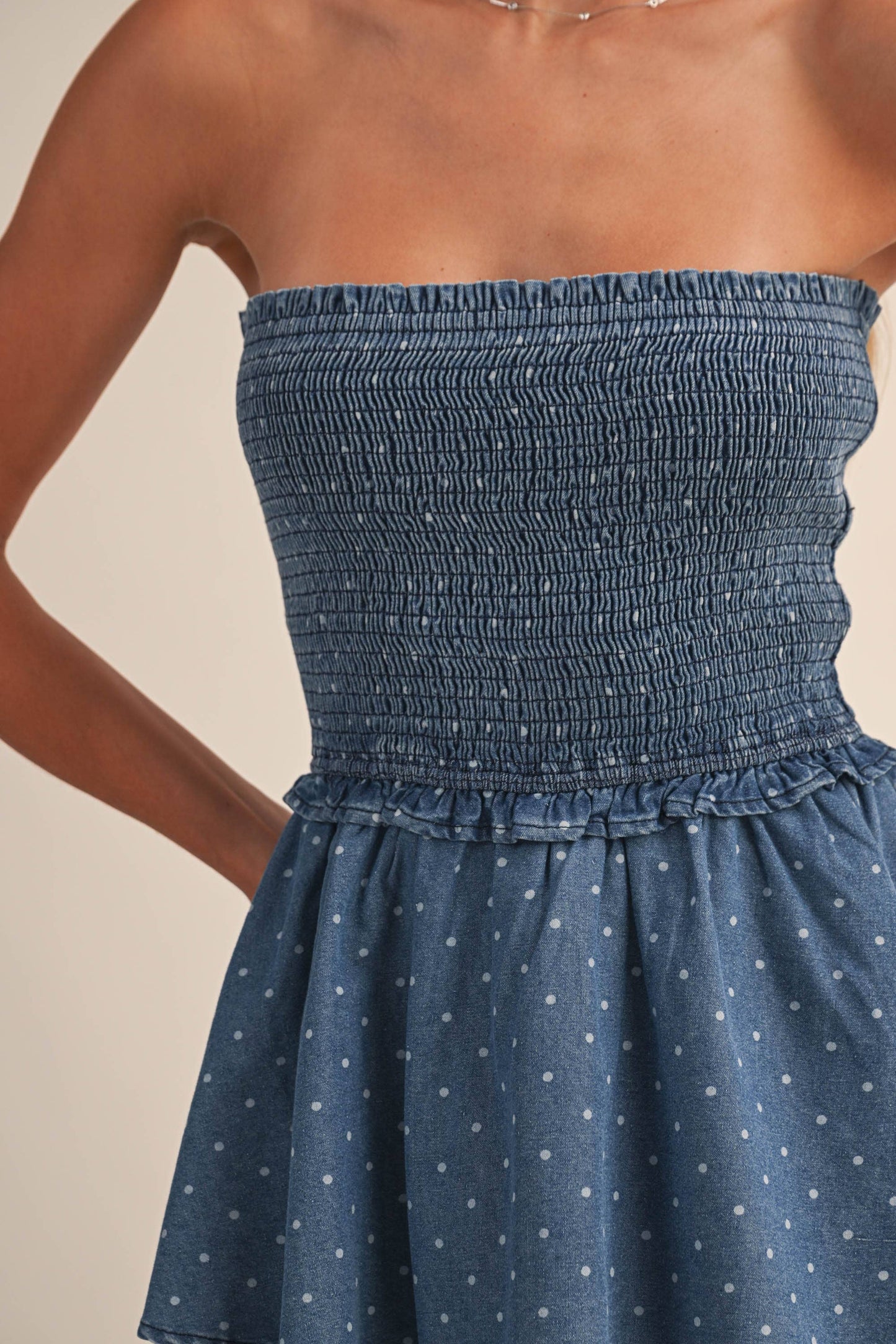 DENIM POLKADOT SMOCKED TOP RUFFLED ROMPER: DENIM / M