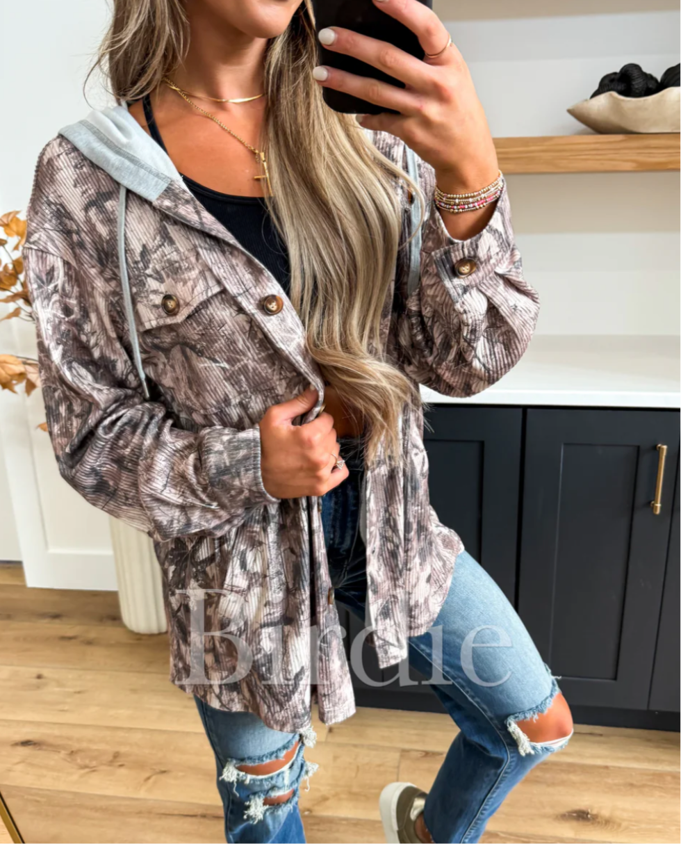 BIRDIE PREORDER Ribbed Shacket with Gray Hood in Dark Camo