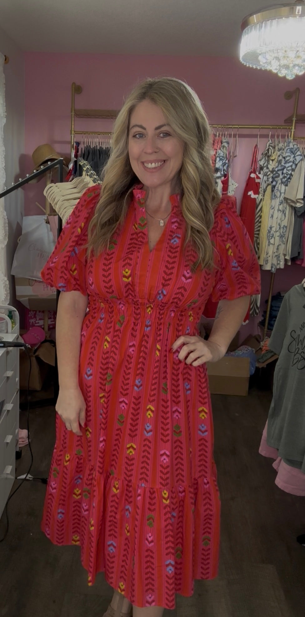 Umgee Bohemian Coral Red Aztec Print Midi Dress With Smocked Waist