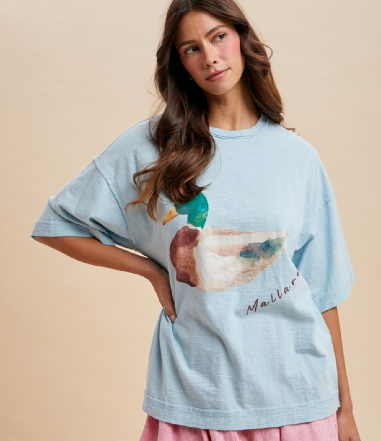WATERCOLOR MALLARD DUCK PRINTED OVERSIZED TEE SHIRT