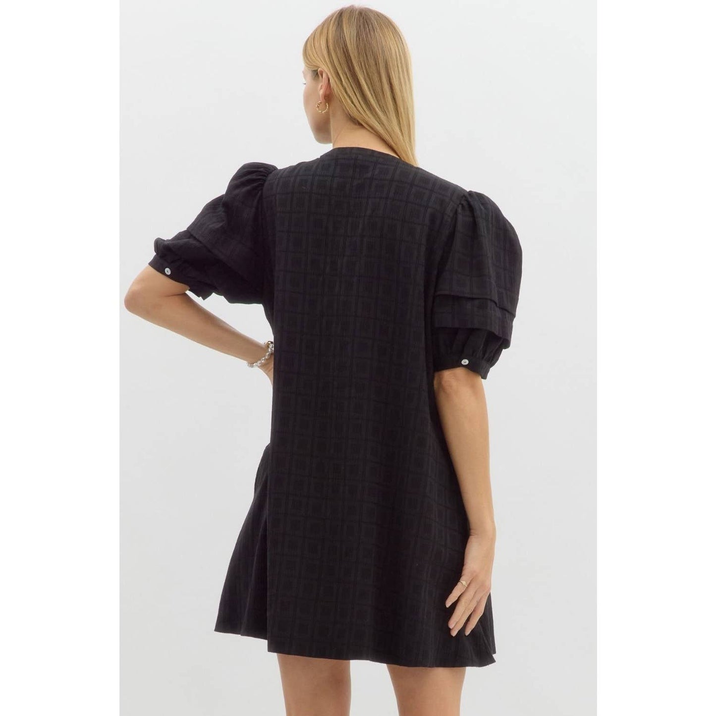 Solid textured puff sleeve pullover mini dress
