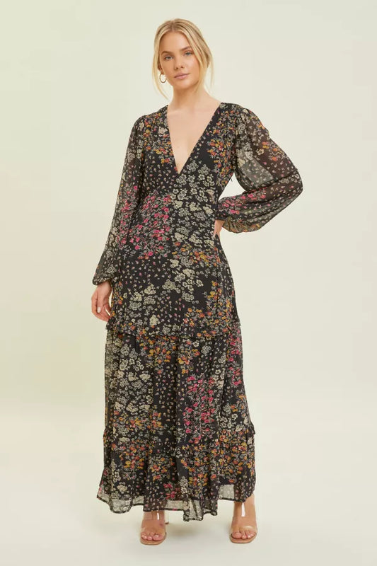 Autumn Allure Deep V Maxi Dress