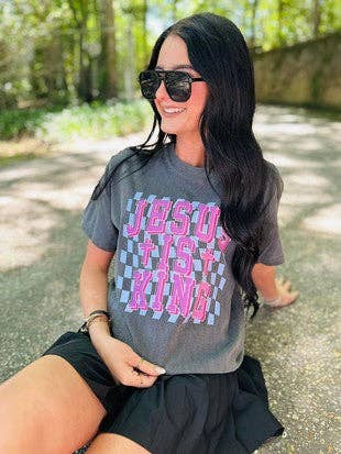 Jesus Is King Checkered Tee:  PEPPER