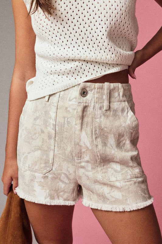 Camo Washed Denim Fringe Shorts: CAMO