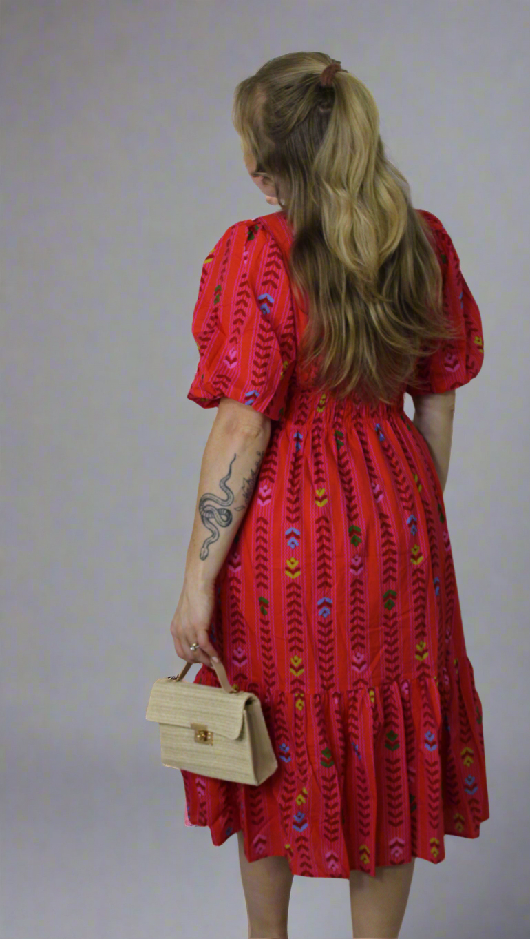 Umgee Bohemian Coral Red Aztec Print Midi Dress With Smocked Waist