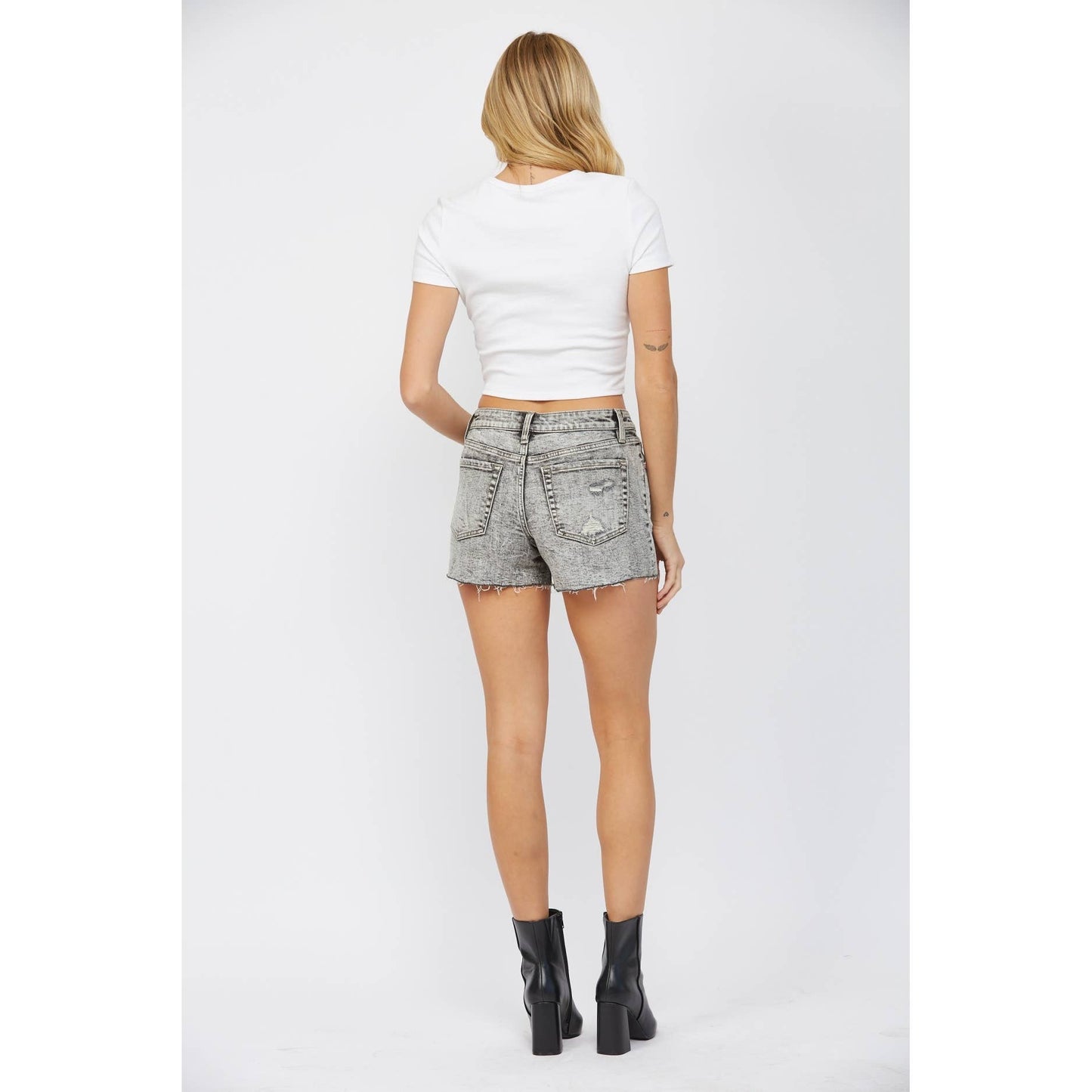 HIGH RISE DISTRESSED SHORTS: ACID GREY