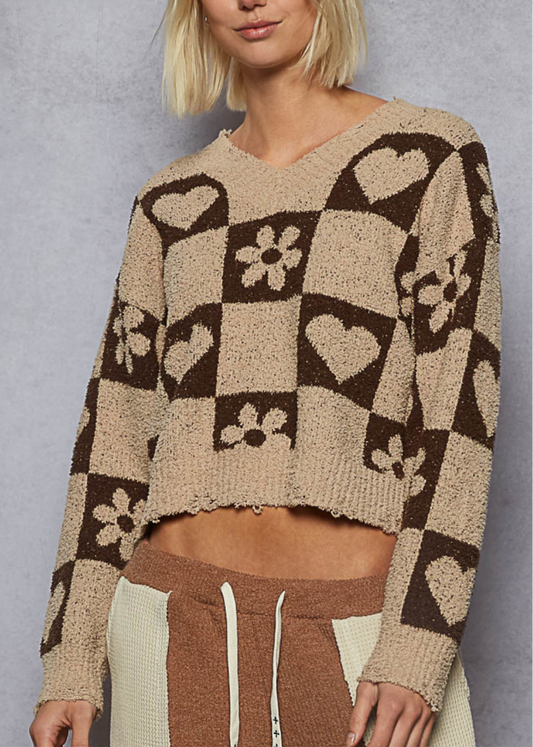 POL V-Neck Heart Pattern Checkered Sweater