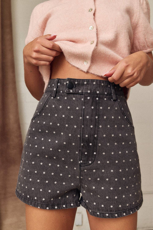 Polka Dot Denim Shorts: BLACK/WHITE DOT