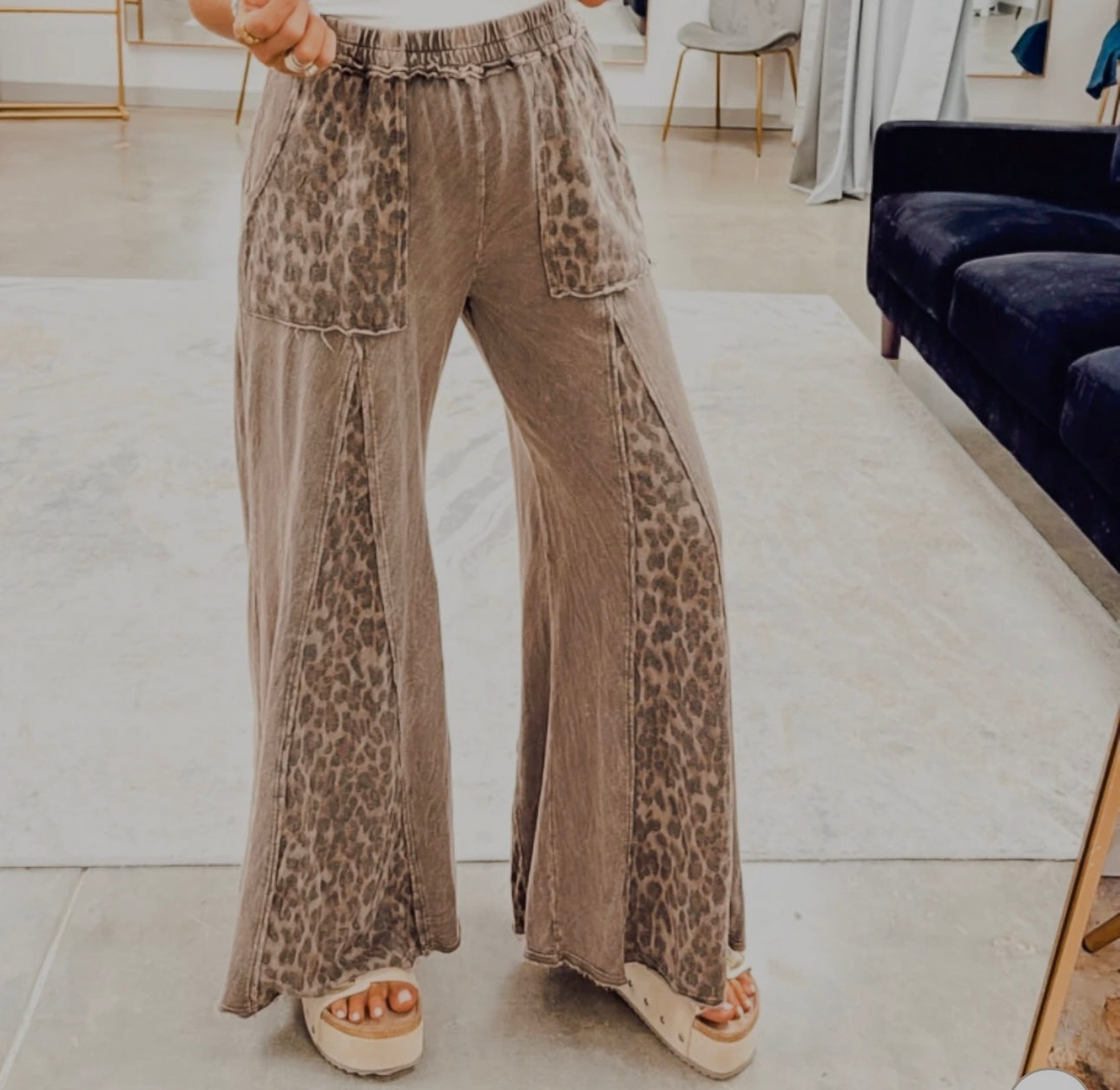 Mineral Washed Leopard Animal Print Flare Pants