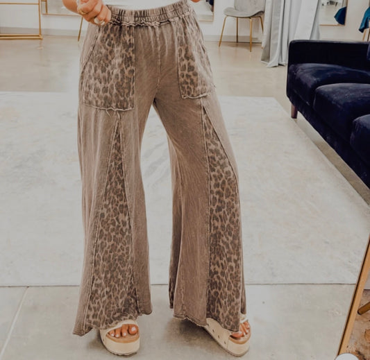 Mineral Washed Leopard Animal Print Flare Pants
