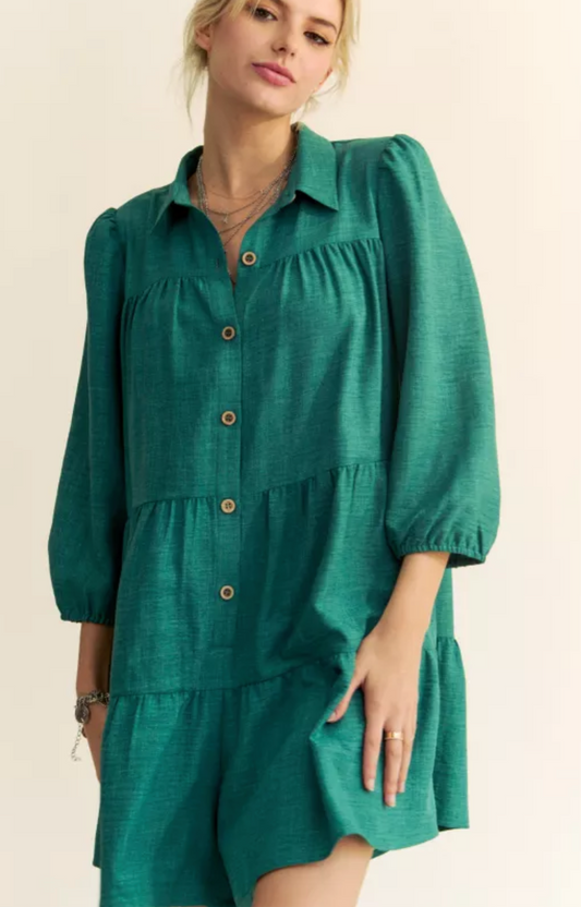 SOLID RUFFLED BUTTON DOWN LONG SLEEVE ROMPER