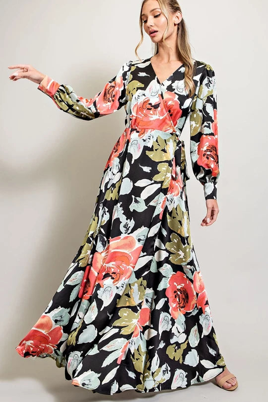 V-Neck Wrap Floral Maxi Dress