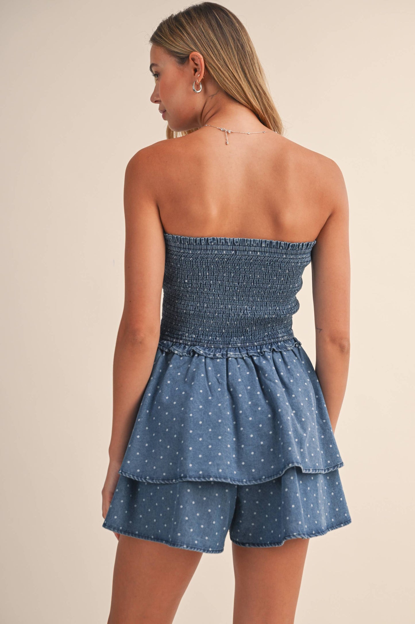 IR2428 DENIM POLKADOT SMOCKED TOP RUFFLED ROMPER: DENIM / L