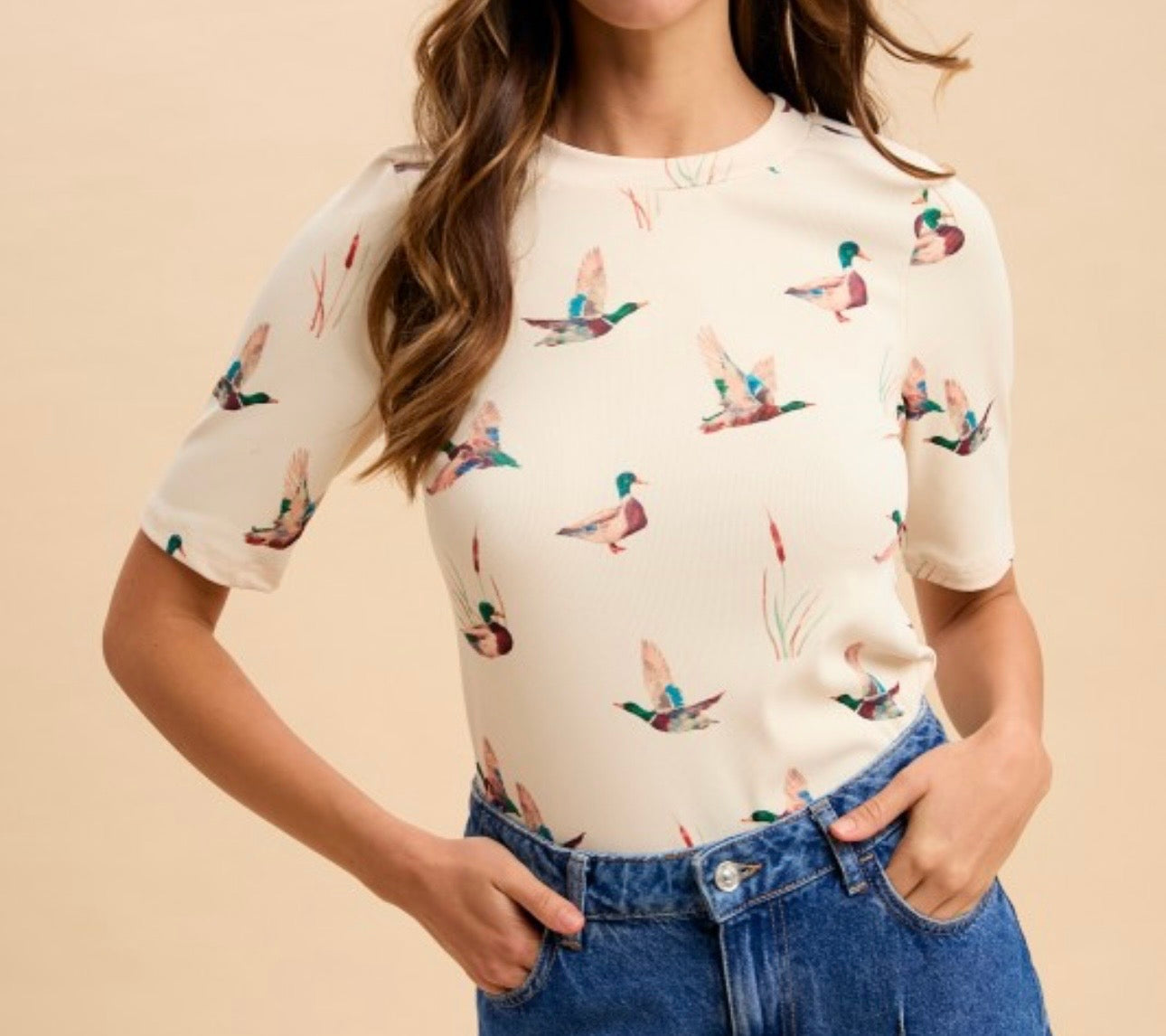 MALLARD DUCK PRINT RIB KNIT SHORT SLEEVE TOP