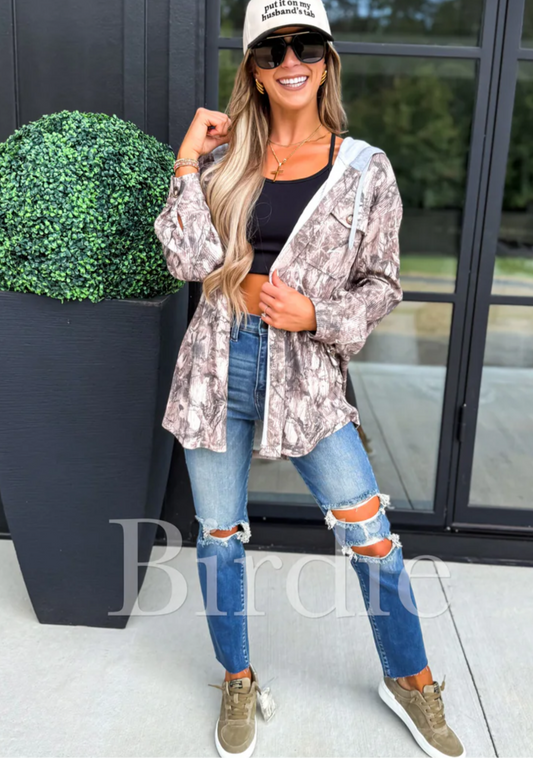 BIRDIE PREORDER Ribbed Shacket with Gray Hood in Dark Camo