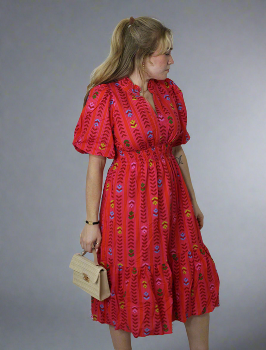 Umgee Bohemian Coral Red Aztec Print Midi Dress With Smocked Waist