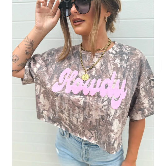 BIRDIE Dark Camo Tee with Pink Howdy Cropped Graphic