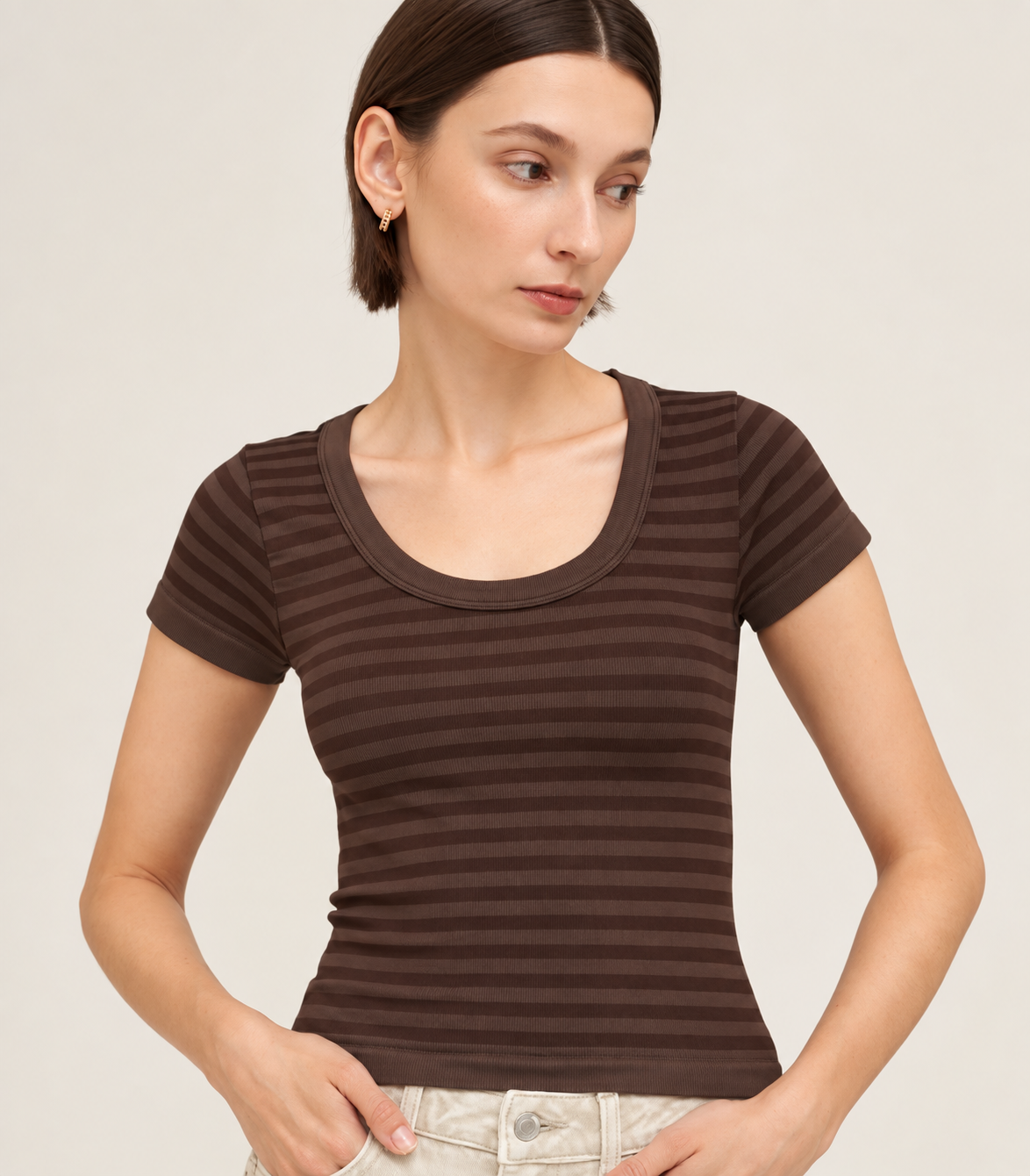 Mocha Stripe Scoop Neck Tee