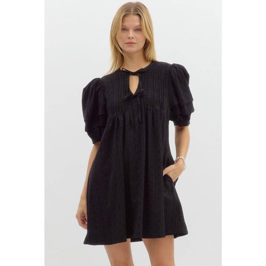 Solid textured puff sleeve pullover mini dress