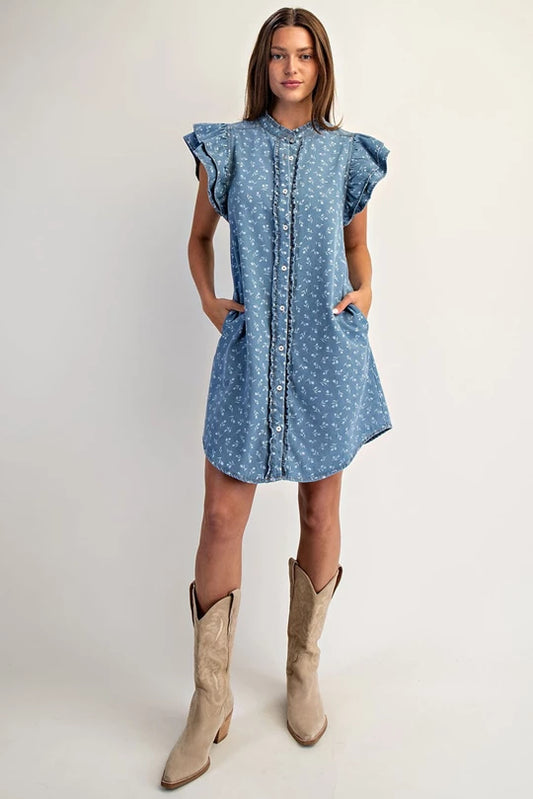 Bleach Wash Floral Printed Denim Mini Dress