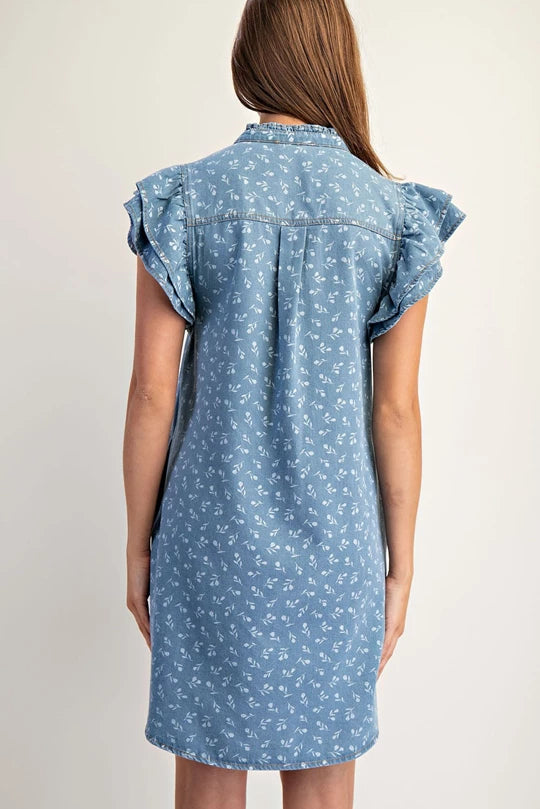 Bleach Wash Floral Printed Denim Mini Dress