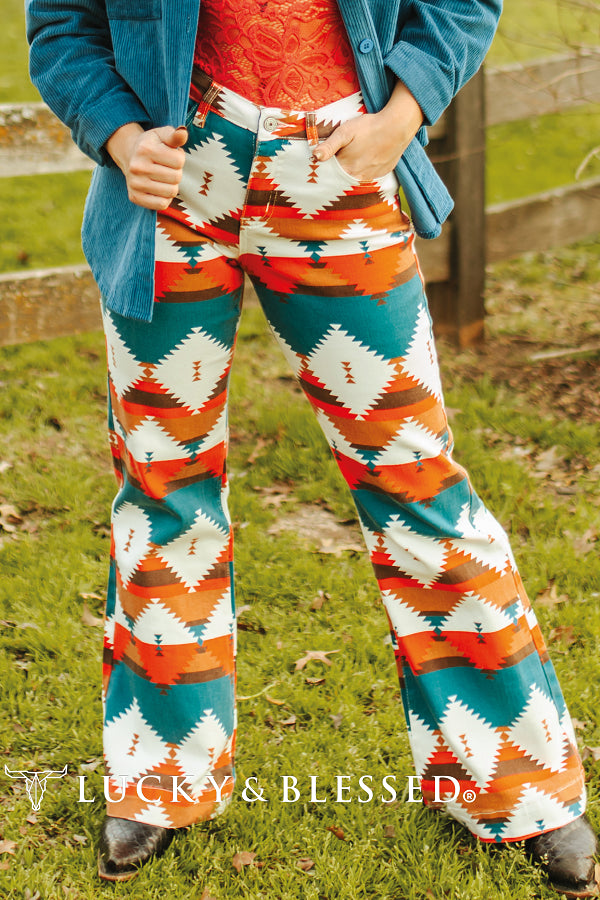TEAL RED AZTEC PRINTED WIDE LEG
JEANS (33IN INSEAM)