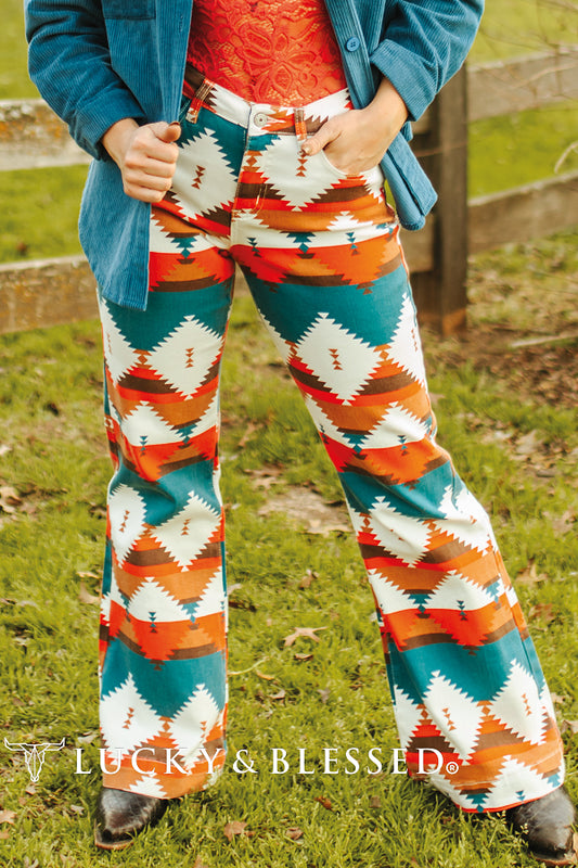 TEAL RED AZTEC PRINTED WIDE LEG
JEANS (33IN INSEAM)