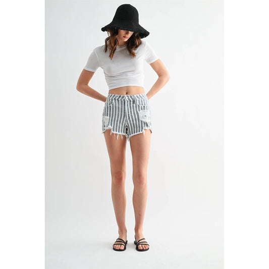 HIGH RISE STRIPED SHORTS: GREYISH BLUE